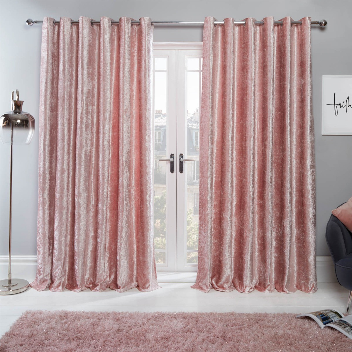 Sienna Home Crushed Velvet Eyelet Curtains, Blush Pink - 90" x 54">
