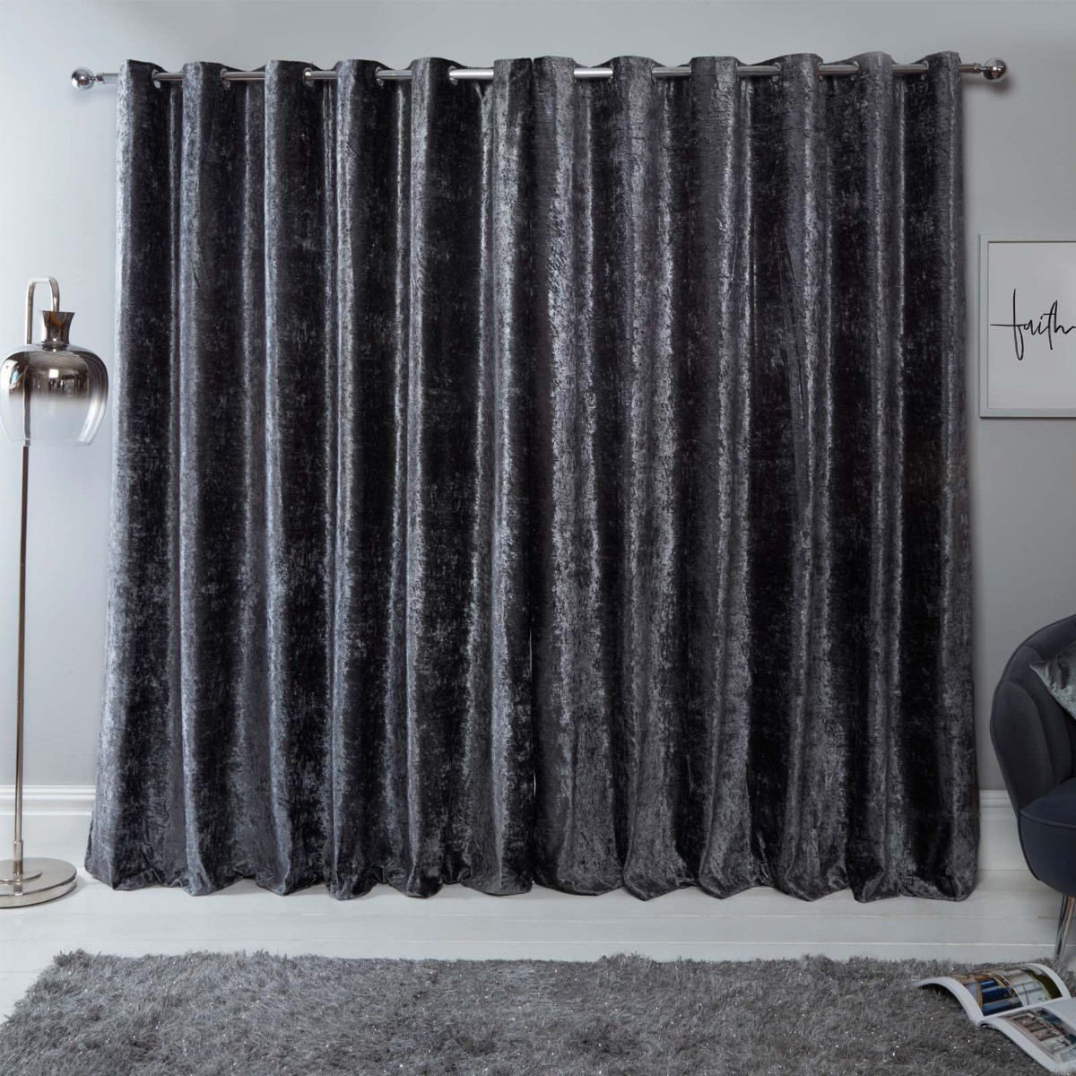 Sienna Home Crushed Velvet Eyelet Curtains - Charcoal Grey 46" x 54">