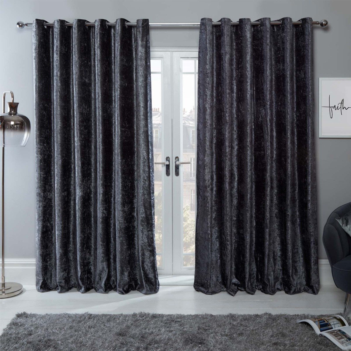 Sienna Home Crushed Velvet Eyelet Curtains - Charcoal Grey>