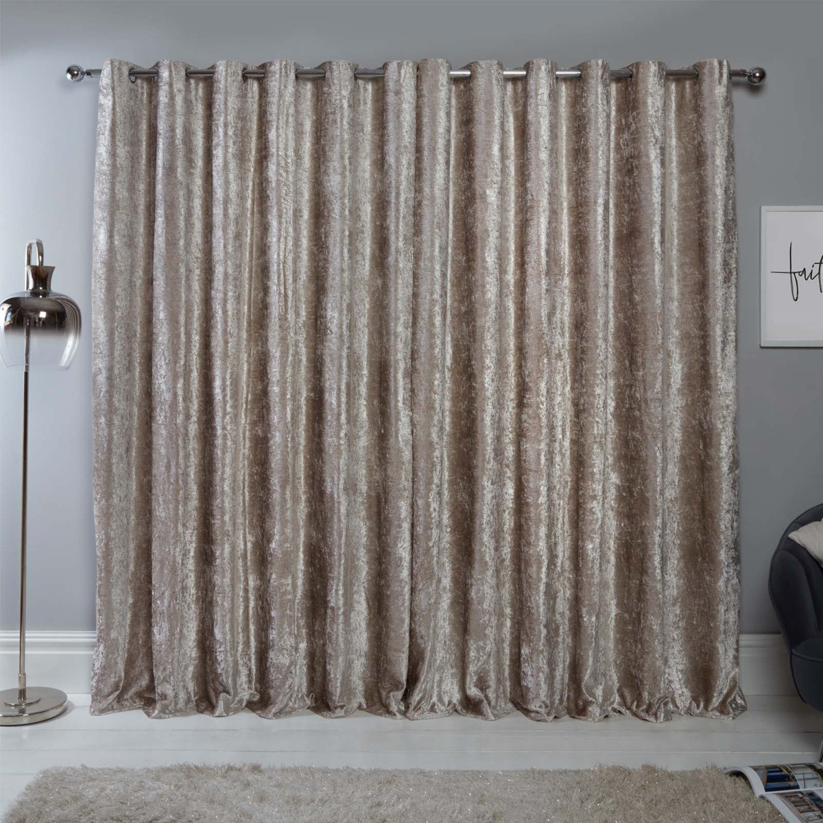 Sienna Home Crushed Velvet Eyelet Curtains - Natural Gold 90" x 72">