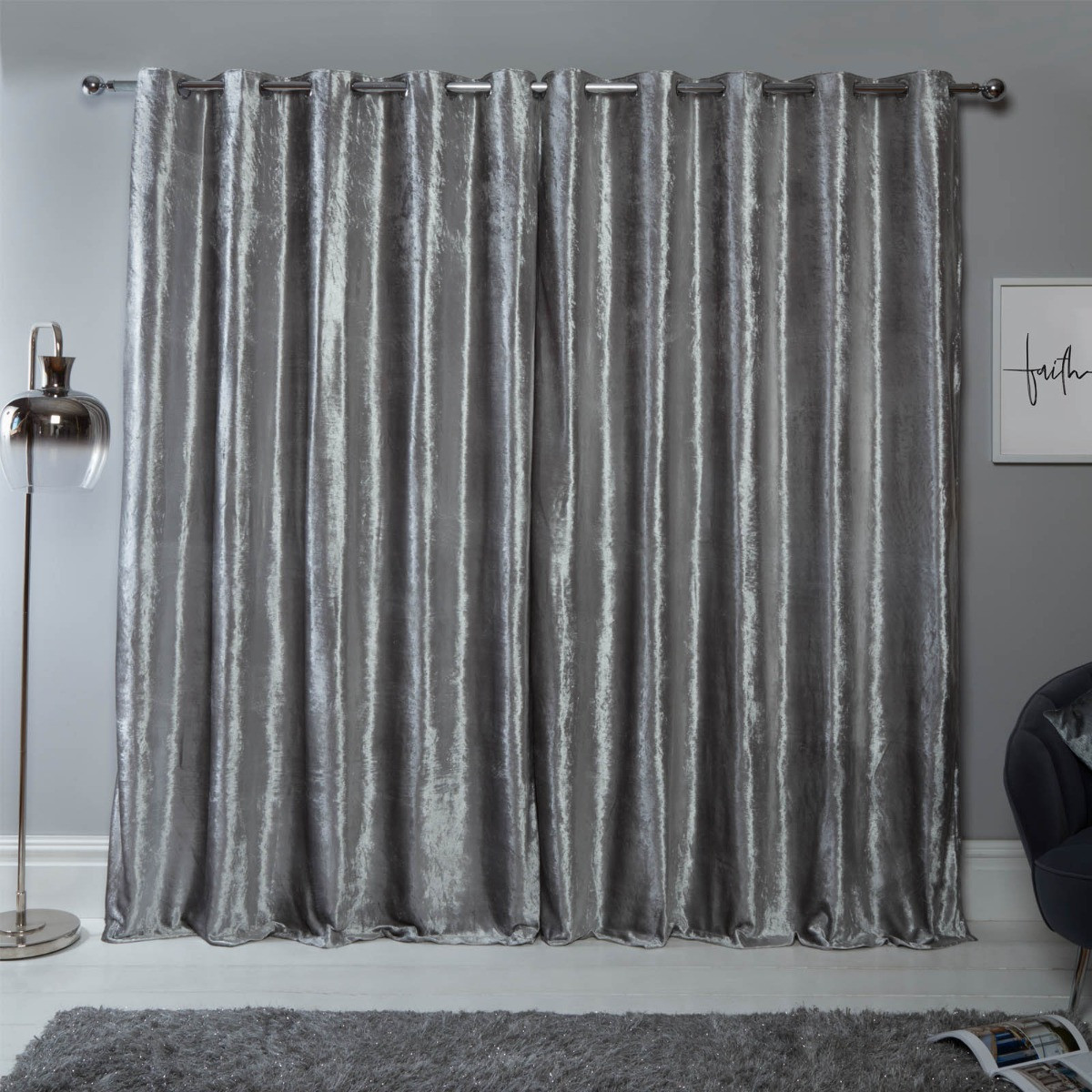 OHS Eyelet Crushed Velvet Curtains - Silver>