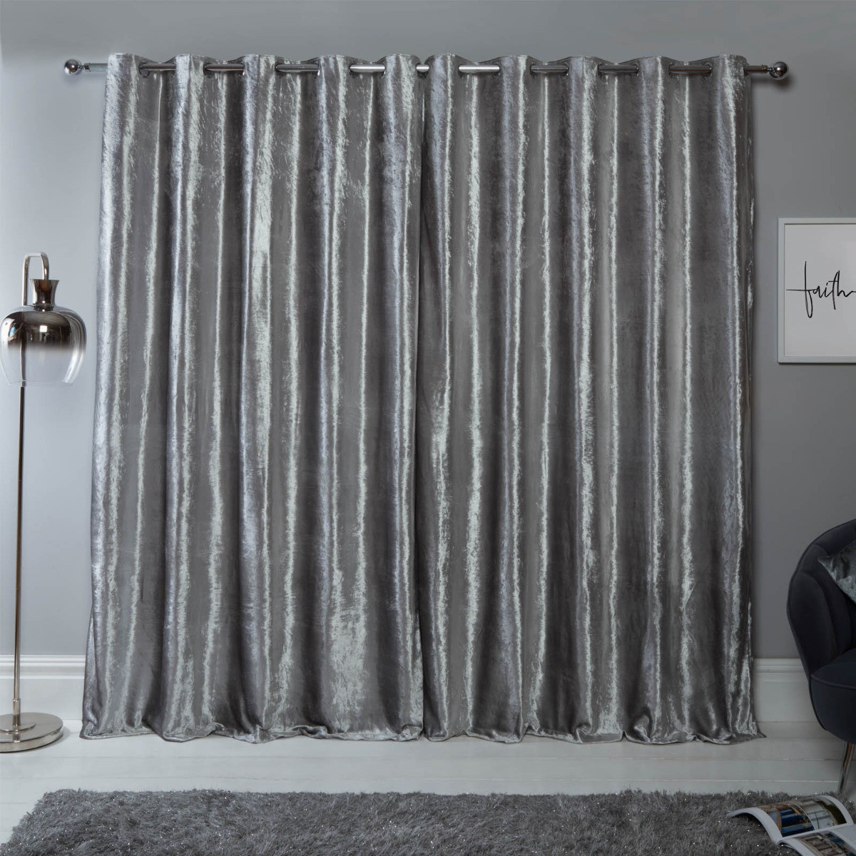 Sienna Home Crushed Velvet Eyelet Curtains - Silver 90" x 90">