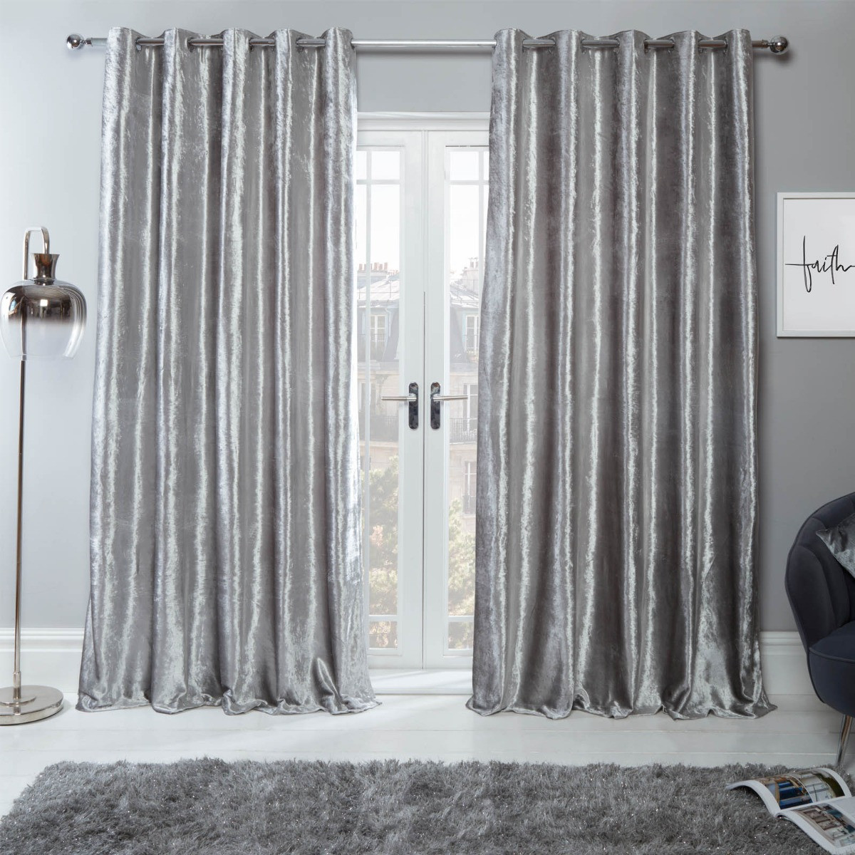 Sienna Home Crushed Velvet Eyelet Curtains - Silver 46" x 72">