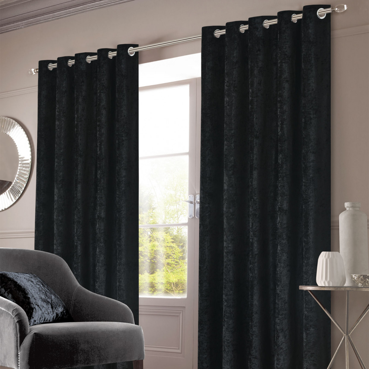 Sienna Home Crushed Velvet Eyelet Curtains, Black - 90" x 72">