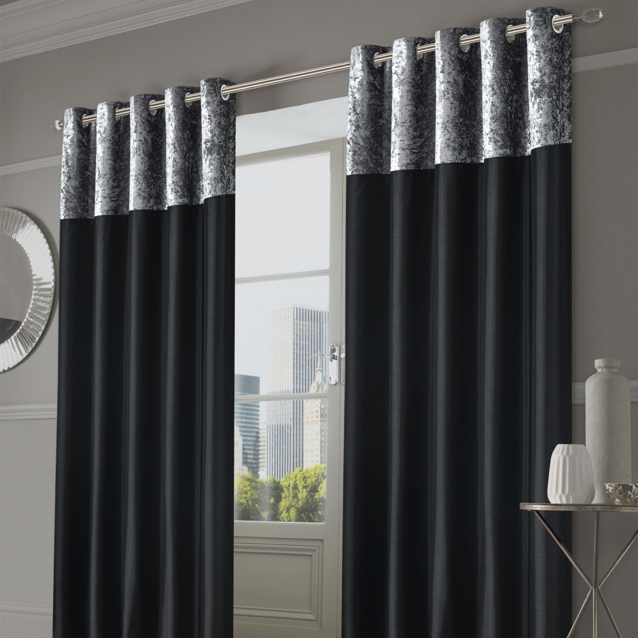 Sienna Home Manhattan Crushed Velvet Band Eyelet Curtains - Black, 66" x 54">