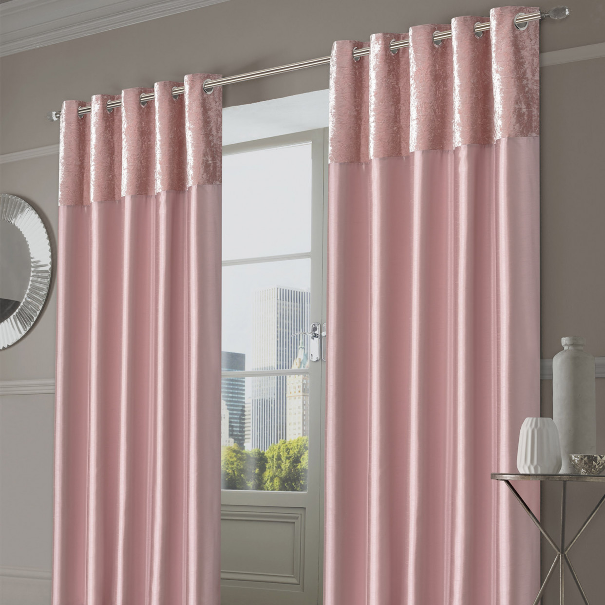 Sienna Home Manhattan Crushed Velvet Band Eyelet Curtains - Blush Pink, 90" x 72">