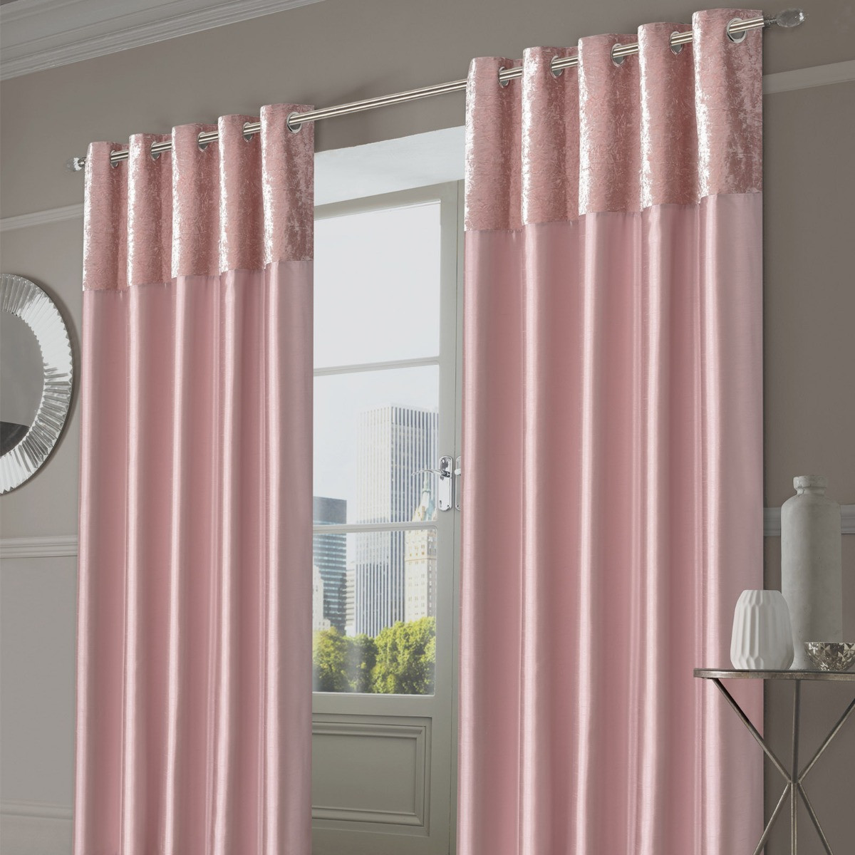 Sienna Home Manhattan Crushed Velvet Band Eyelet Curtains - Blush Pink, 46" x 72">