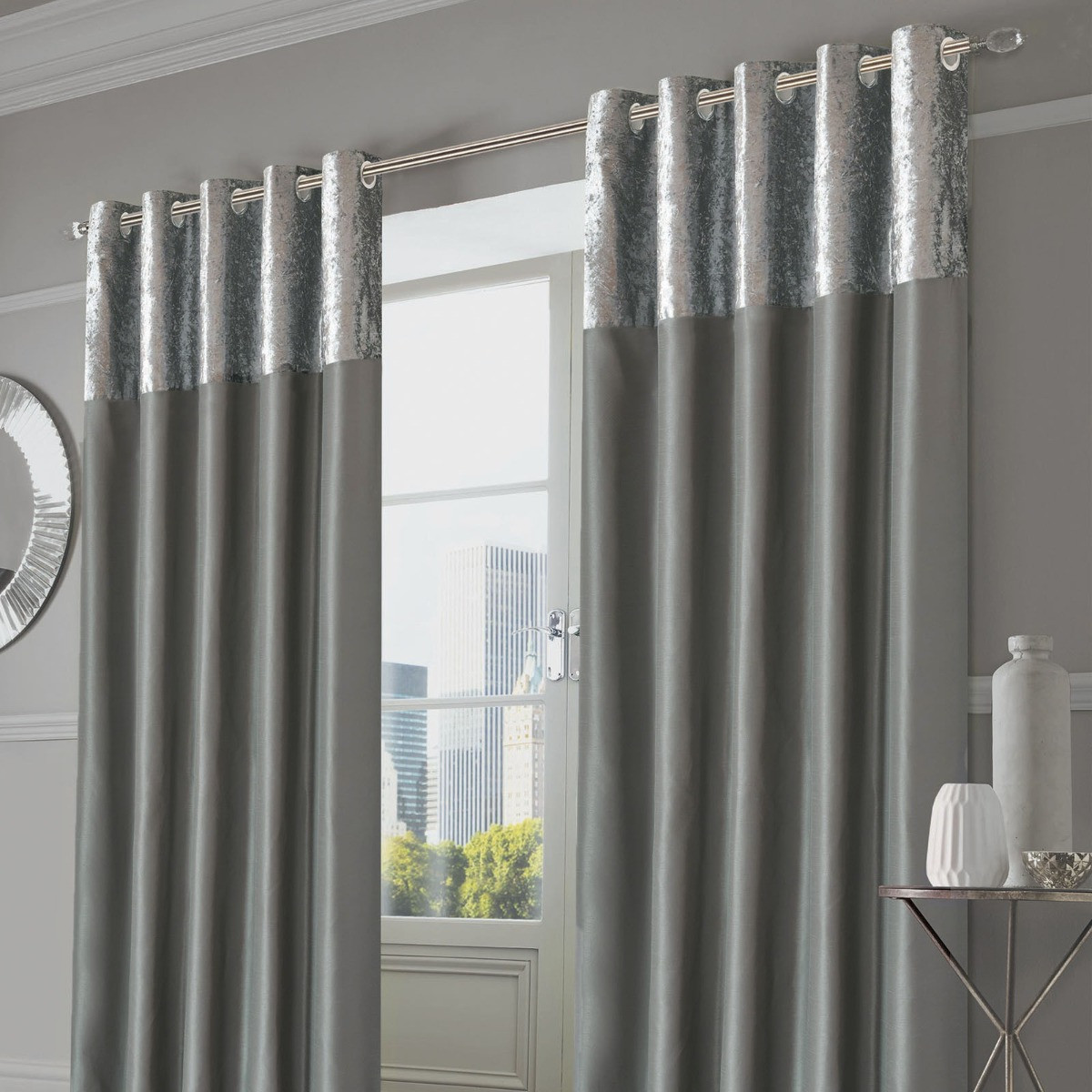 Sienna Home Manhattan Crushed Velvet Band Eyelet Curtains, Silver Grey - 90"x72">