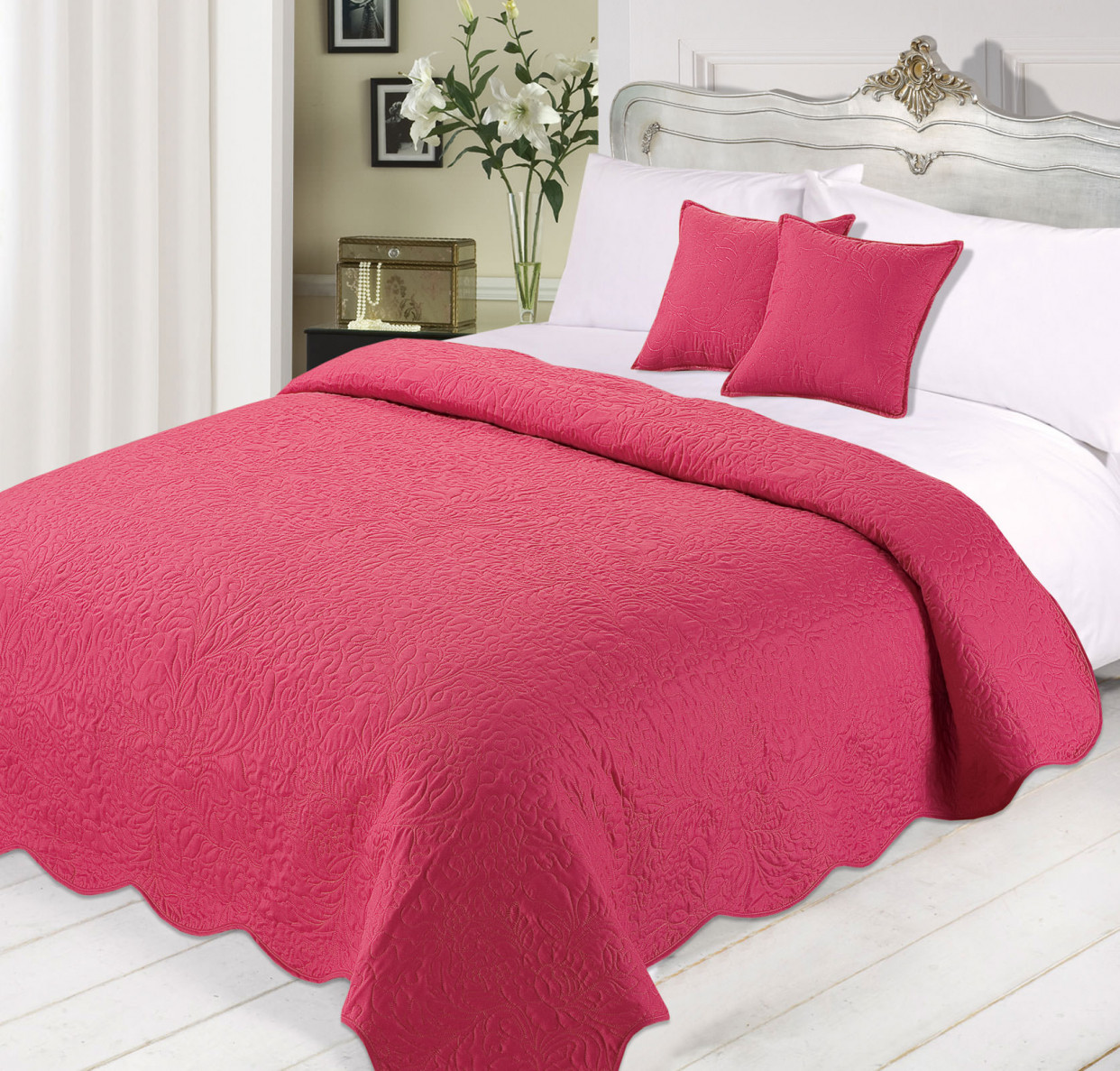 Quilted Embossed Bedspread with Cushions Set -Raspberry>