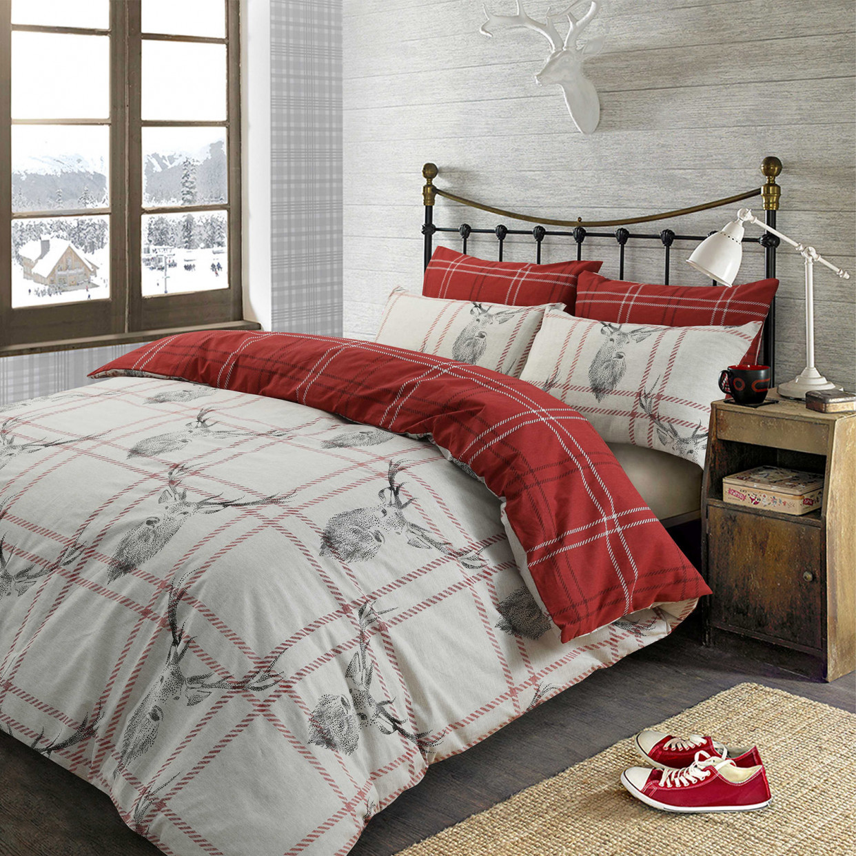 Dreamscene Stag Deer Tartan Check Christmas Duvet Cover Reversible Bedding Set - Double - Grey/Red>