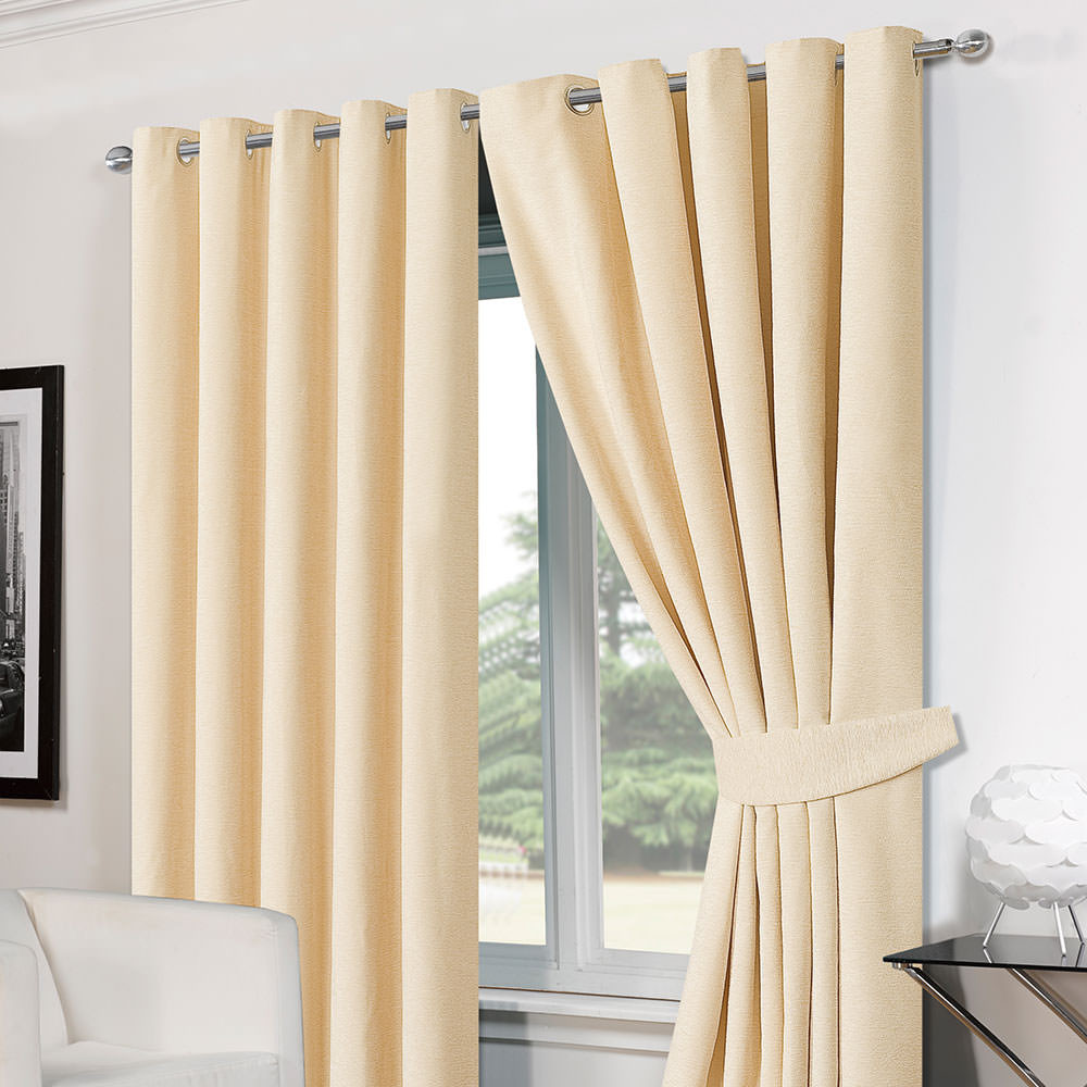 Ring Top Eyelet Chenille Lined  Ready Made Curtains 46" x 54" Cream>