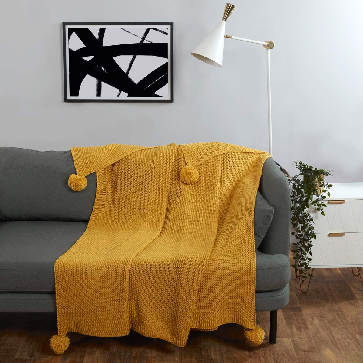 Dreamscene Large Chunky Knit Pom Pom Throw, Mustard Yellow Ochre - 150 x 180cm>