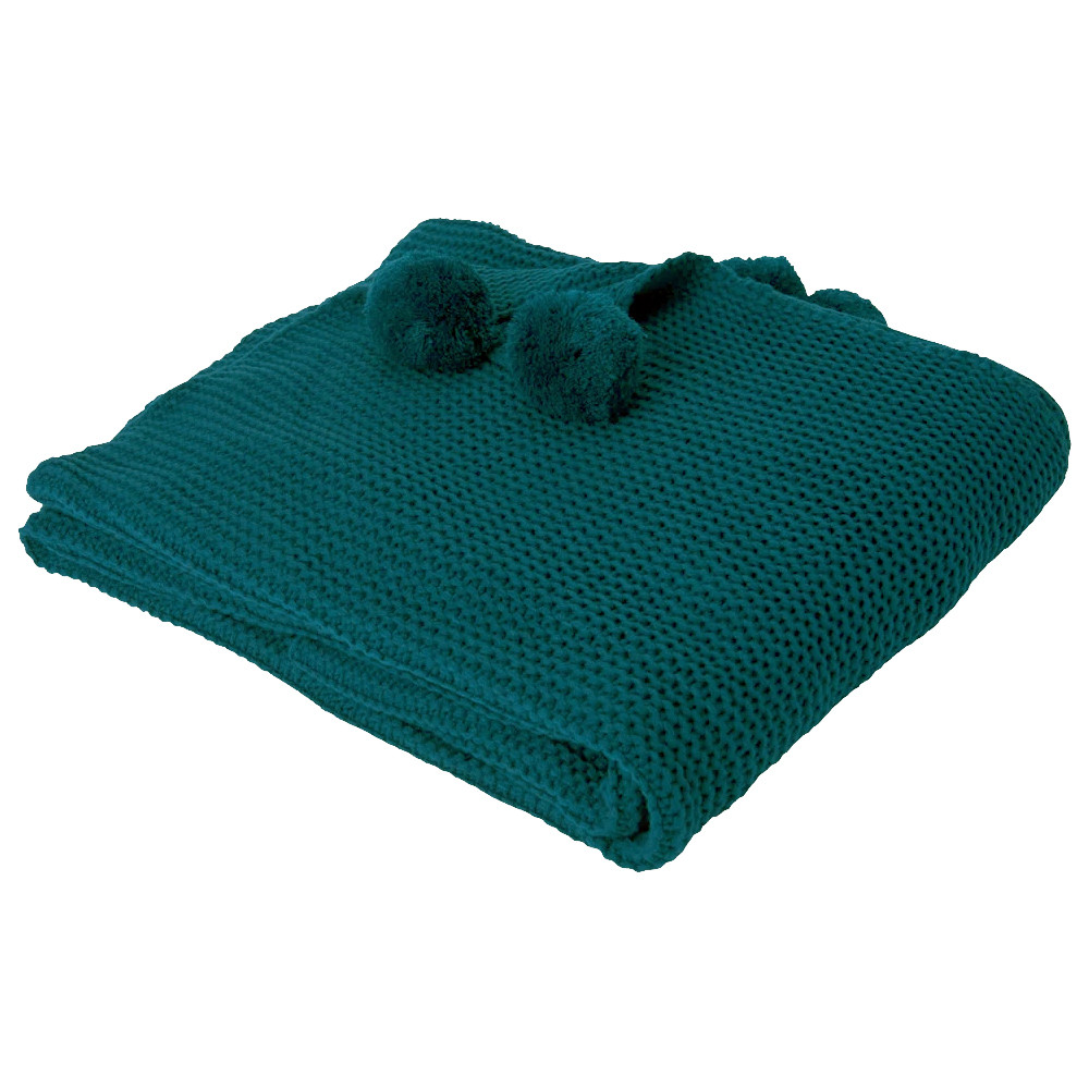 Dreamscene Large Chunky Knit Pom Pom Throw, Teal Green - 150 x 180cm>