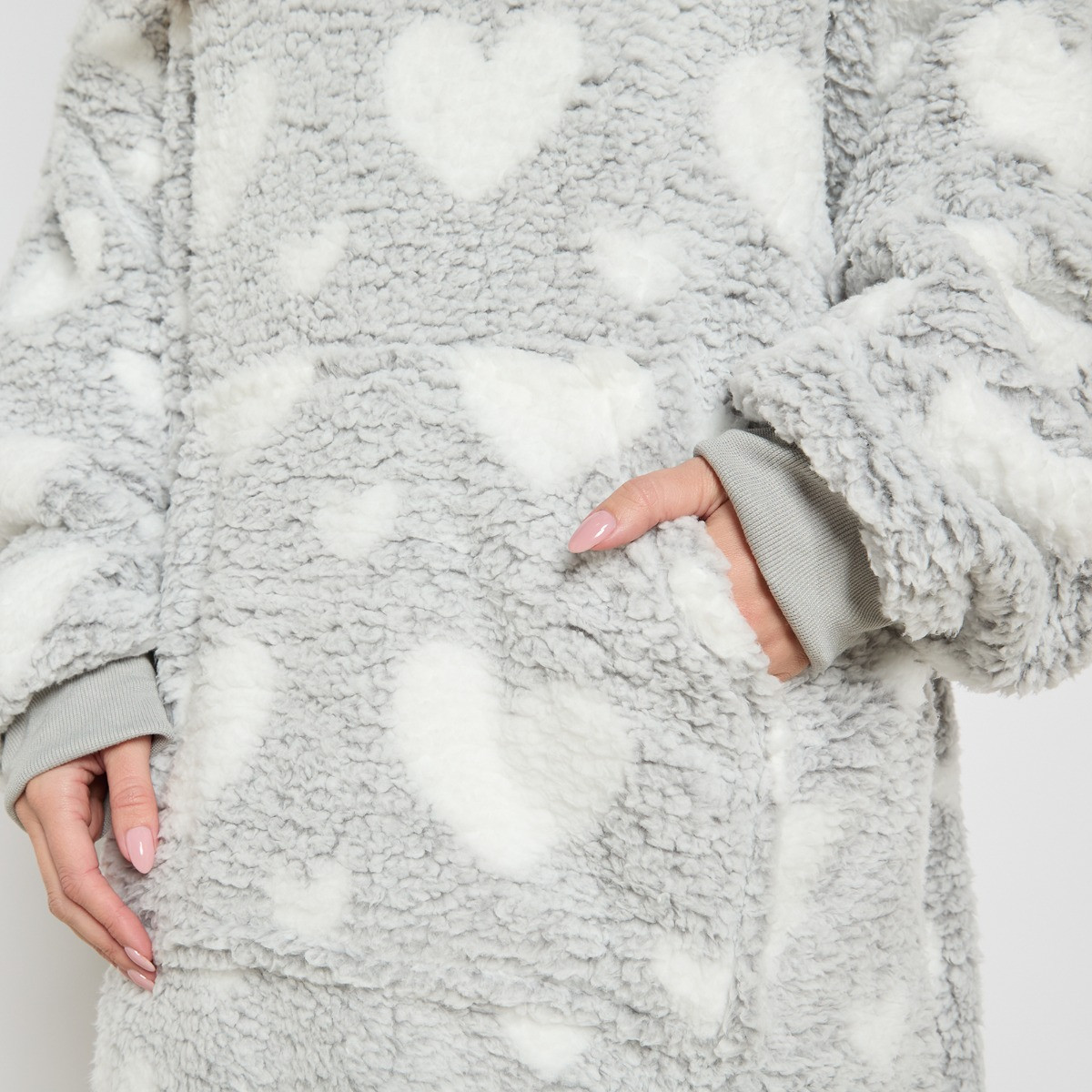 OHS Adults Extra Long Heart Teddy Marl Hoodie Blanket - Charcoal >