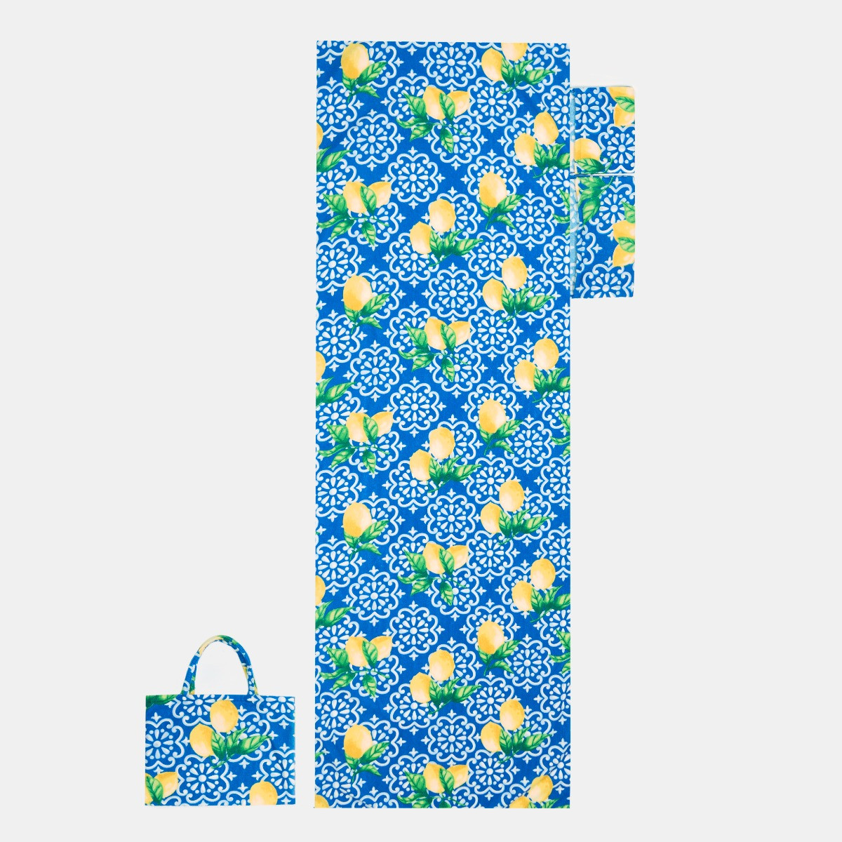 OHS Lemon Tile Print Beach Towel in a Bag - Blue/White>