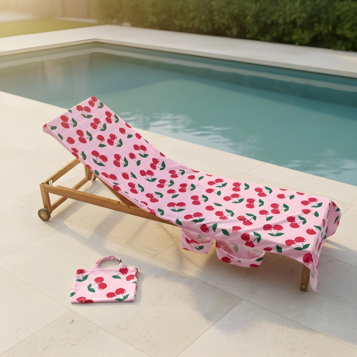 OHS Cherry Print Beach Towel in a Bag - Pink>