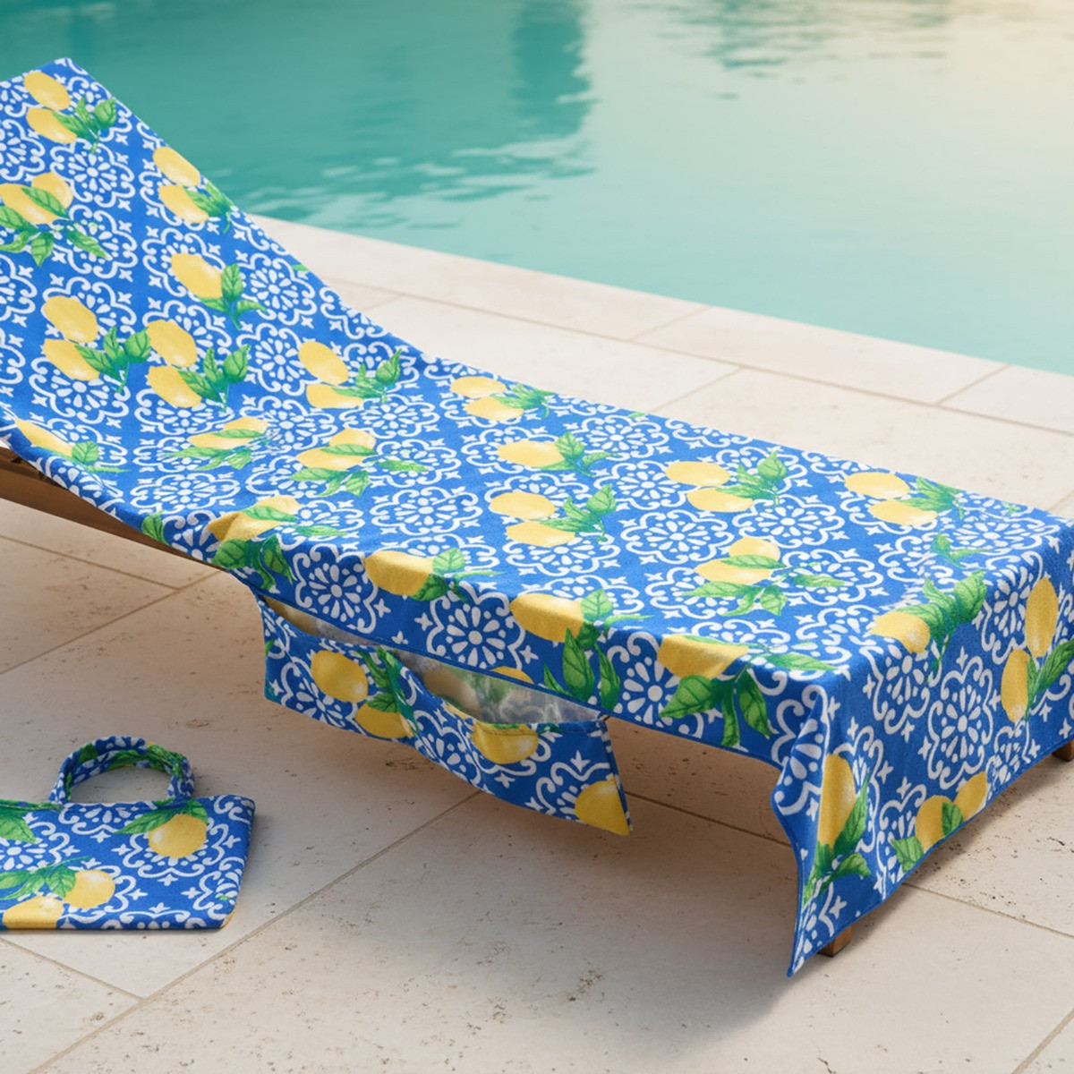 OHS Lemon Tile Print Beach Towel in a Bag - Blue/White>