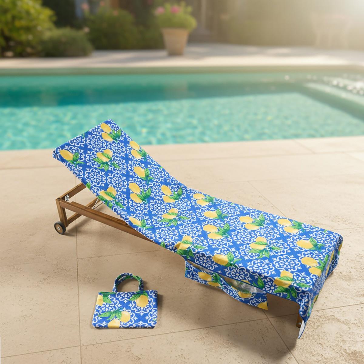 OHS Lemon Tile Print Beach Towel in a Bag - Blue/White>