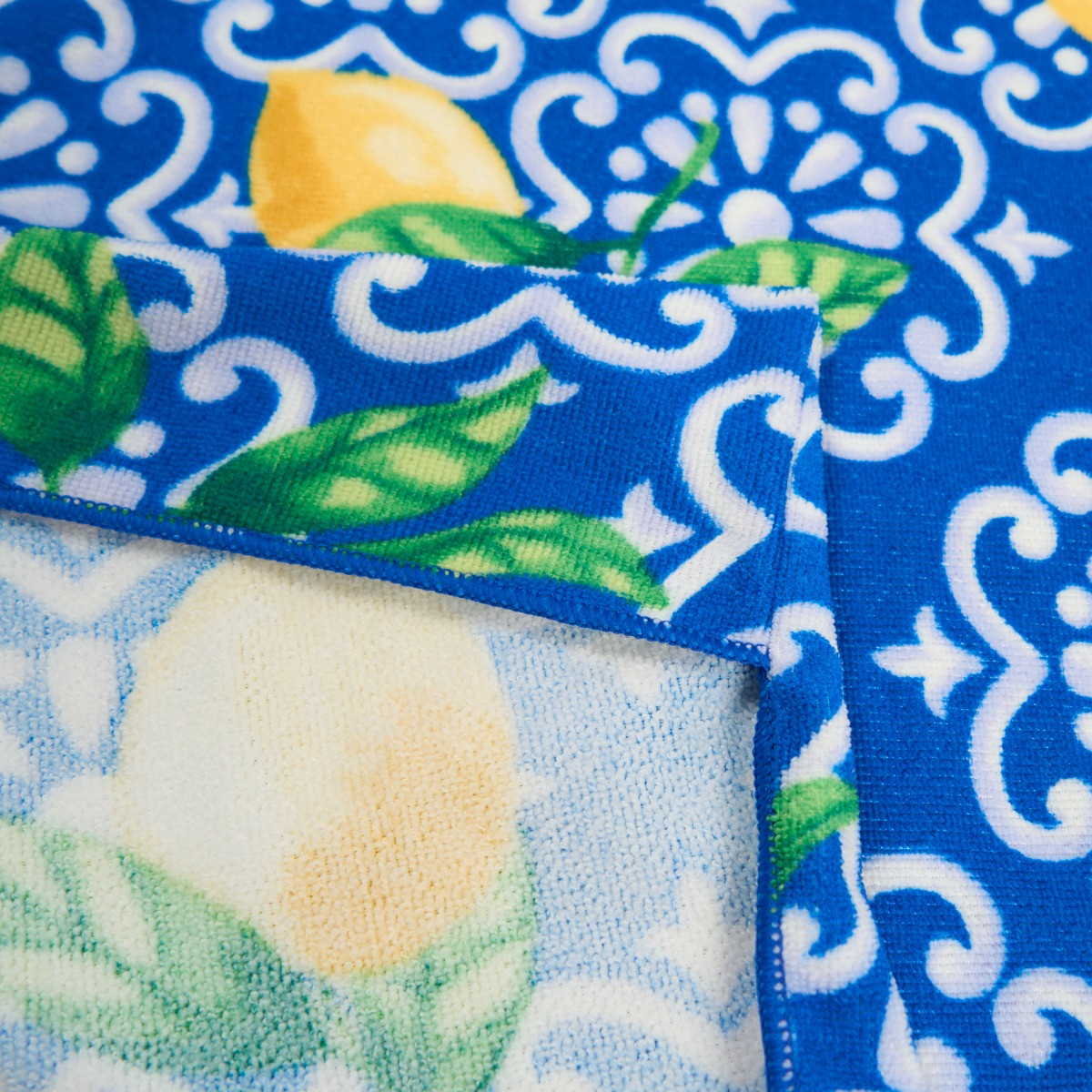 OHS Lemon Tile Print Beach Towel in a Bag - Blue/White>