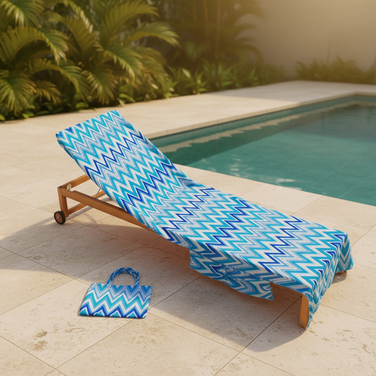 OHS Zigzag Print Beach Towel in a Bag - Blue>