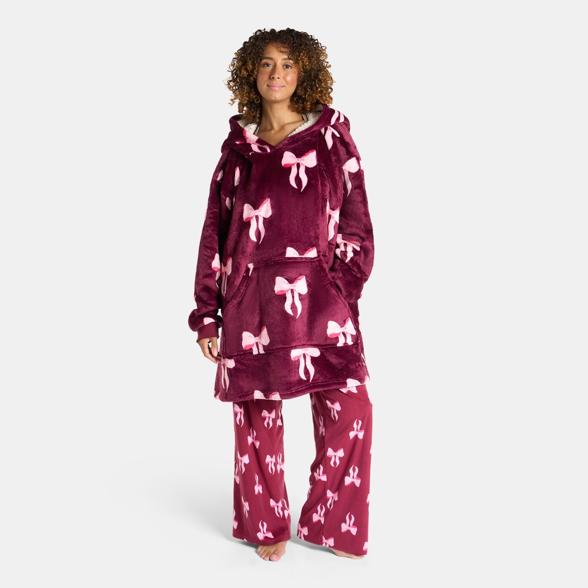 OHS Adults Bow Print Hoodie Blanket - Burgundy/Pink>