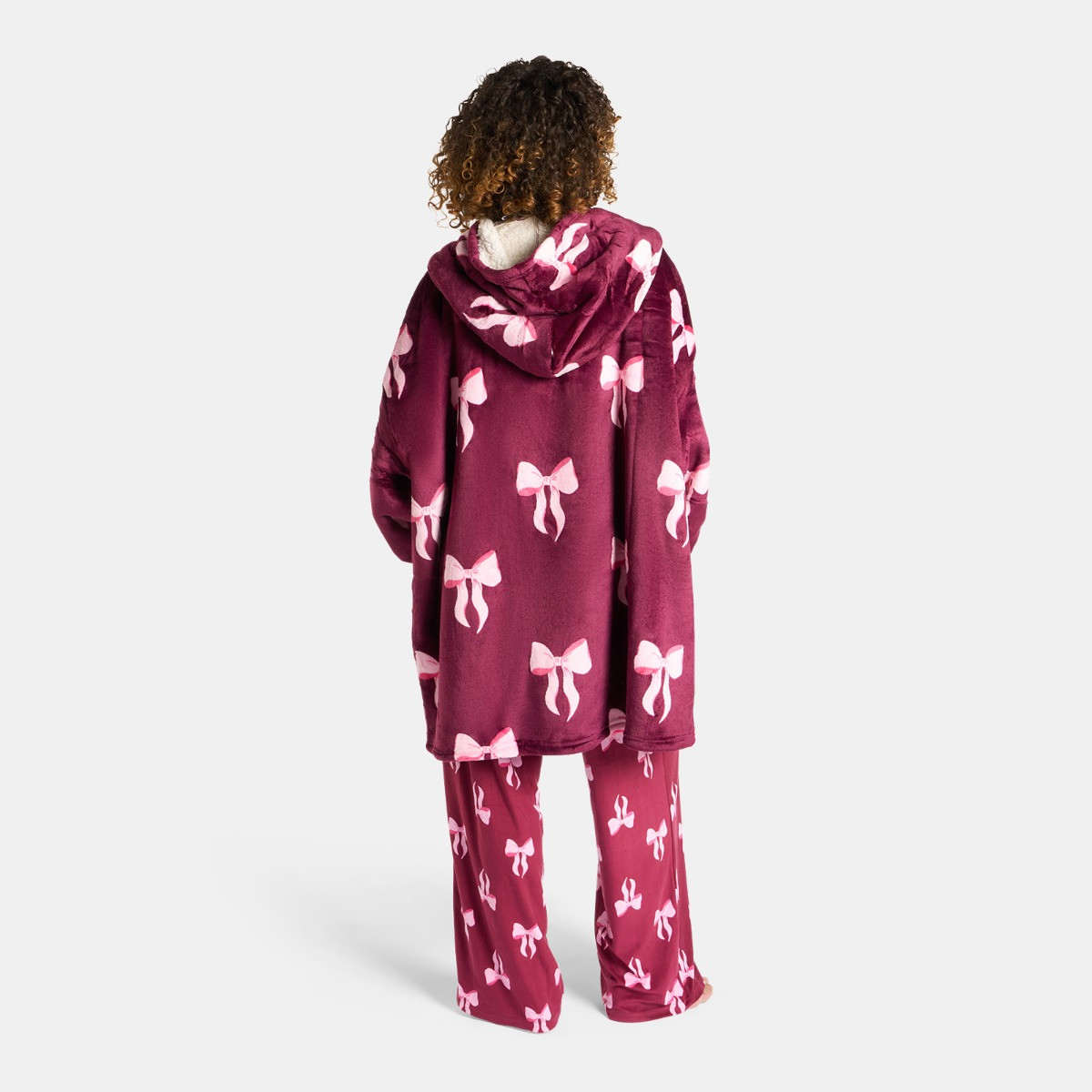 OHS Adults Bow Print Hoodie Blanket - Burgundy/Pink>