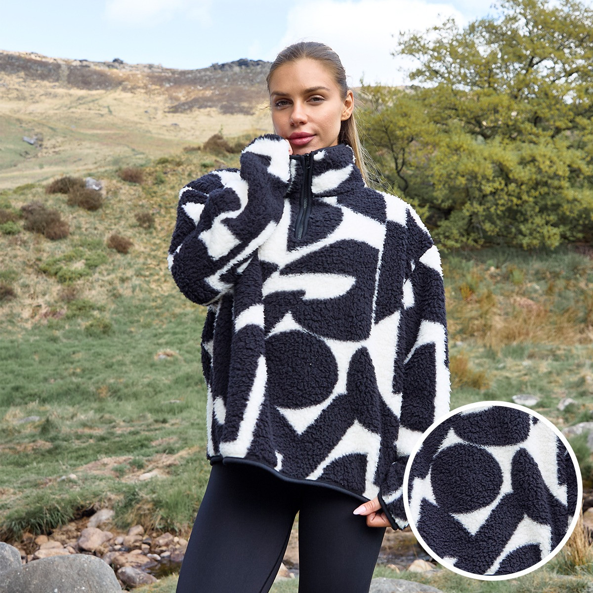 OHS Teddy Geometric Print Half Zip Fleece - Monochrome>