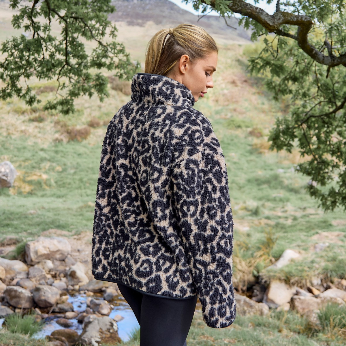 OHS Teddy Leopard Print Half Zip Fleece, Natural - Small/ Medium>
