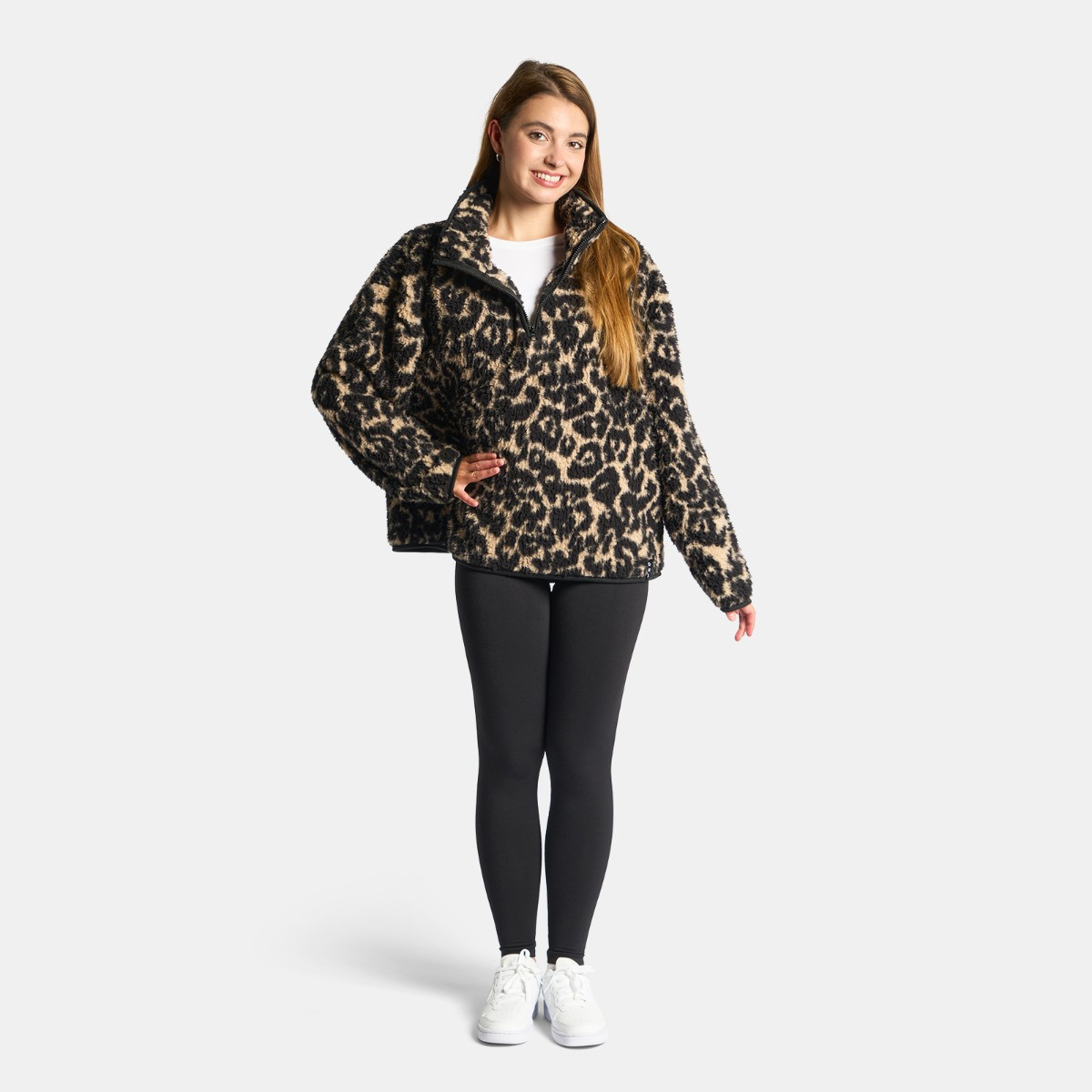 OHS Teddy Leopard Print Half Zip Fleece, Natural - Large/ Extra Large>