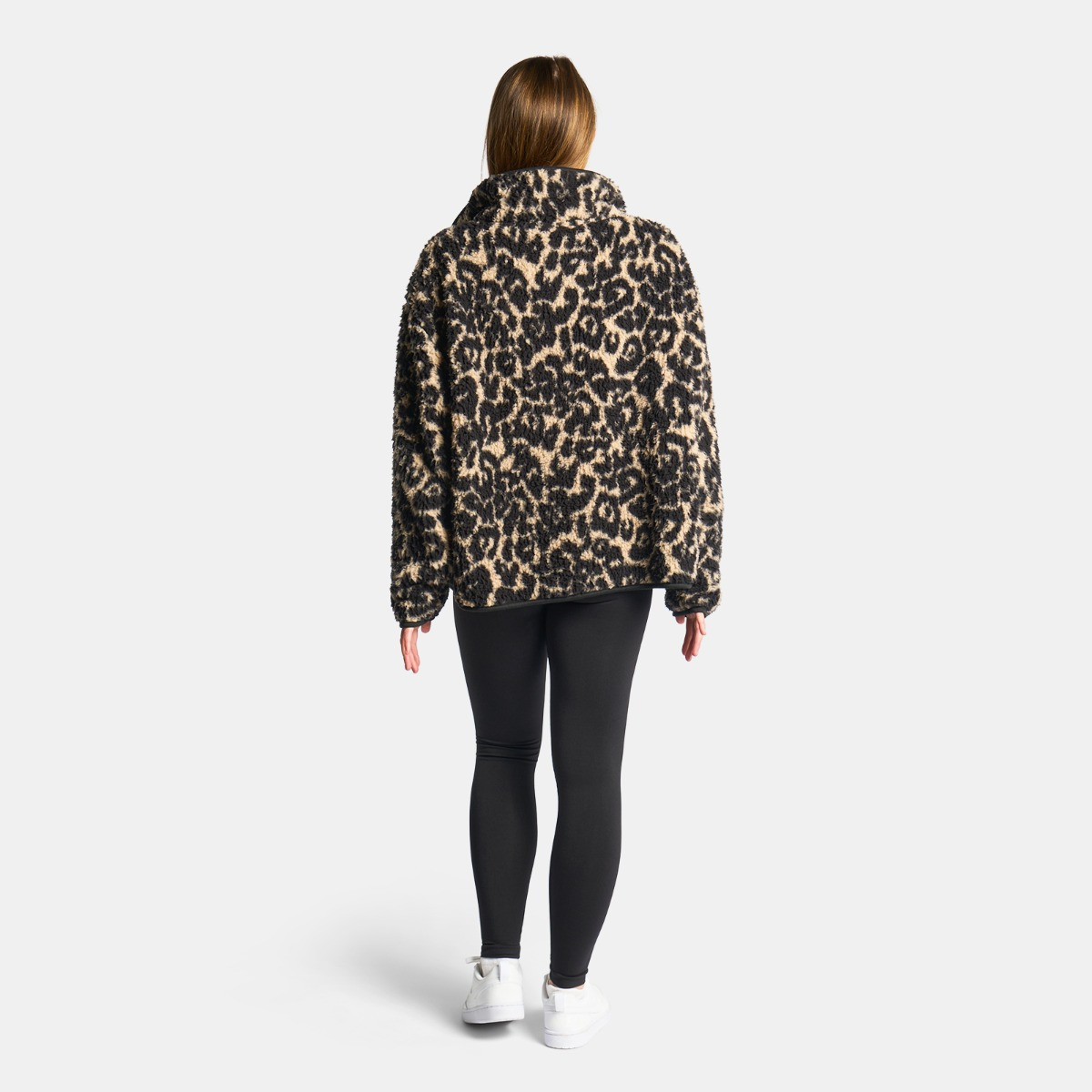 OHS Teddy Leopard Print Half Zip Fleece - Natural>