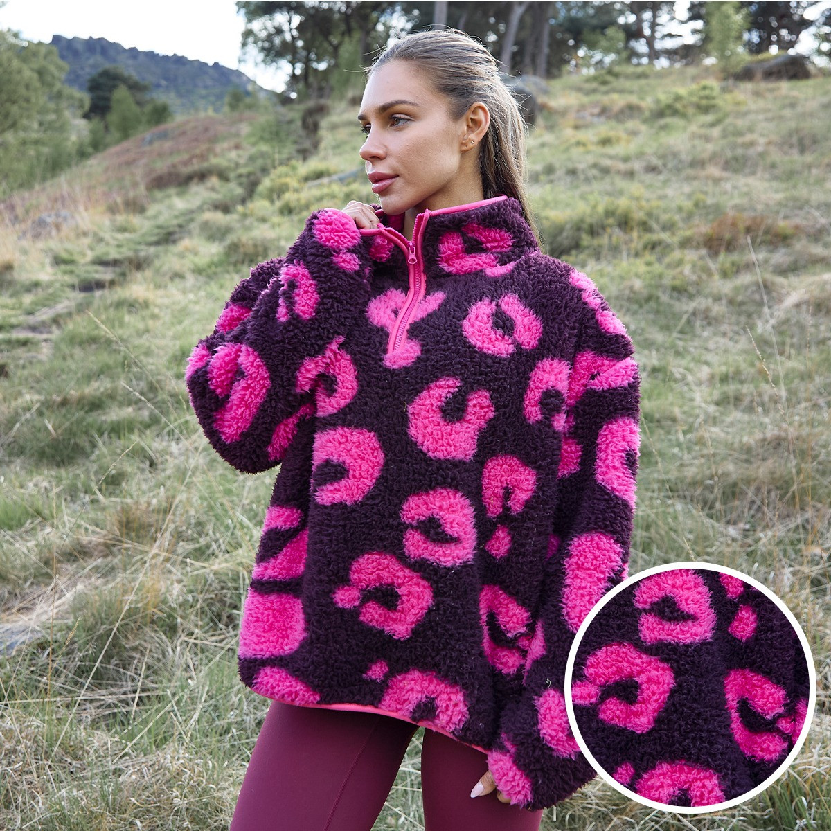 OHS Teddy Abstract Leopard Print Half Zip Fleece - Burgundy/Pink>