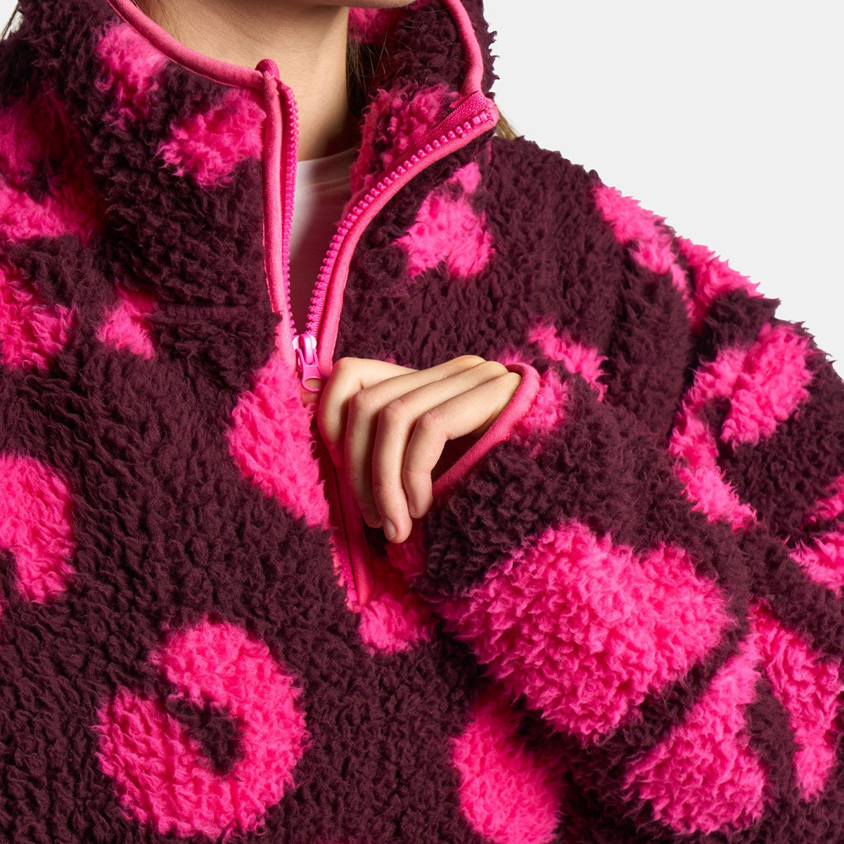 OHS Teddy Abstract Leopard Print Half Zip Fleece - Burgundy/Pink>