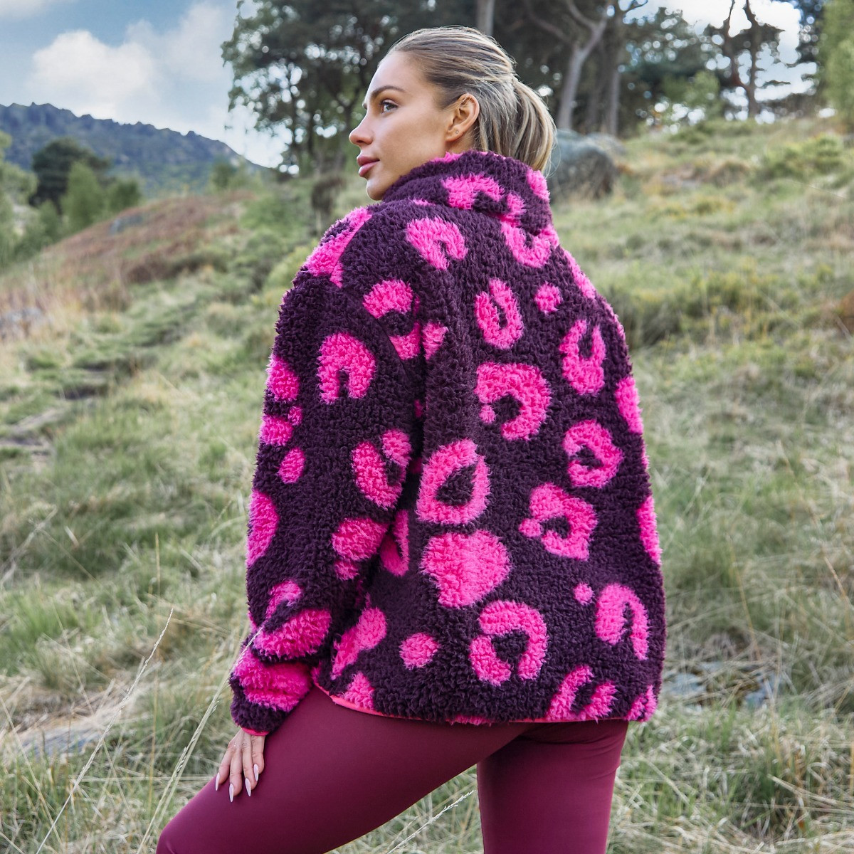 OHS Teddy Abstract Leopard Print Half Zip Fleece - Burgundy/Pink>