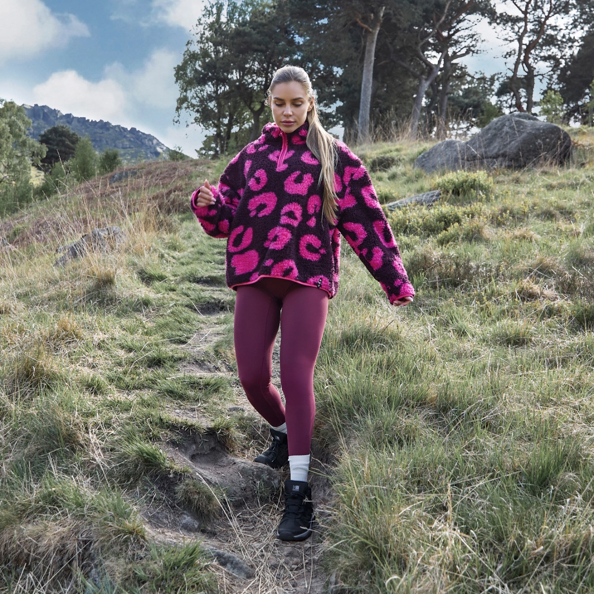 OHS Teddy Abstract Leopard Print Half Zip Fleece - Burgundy/Pink>