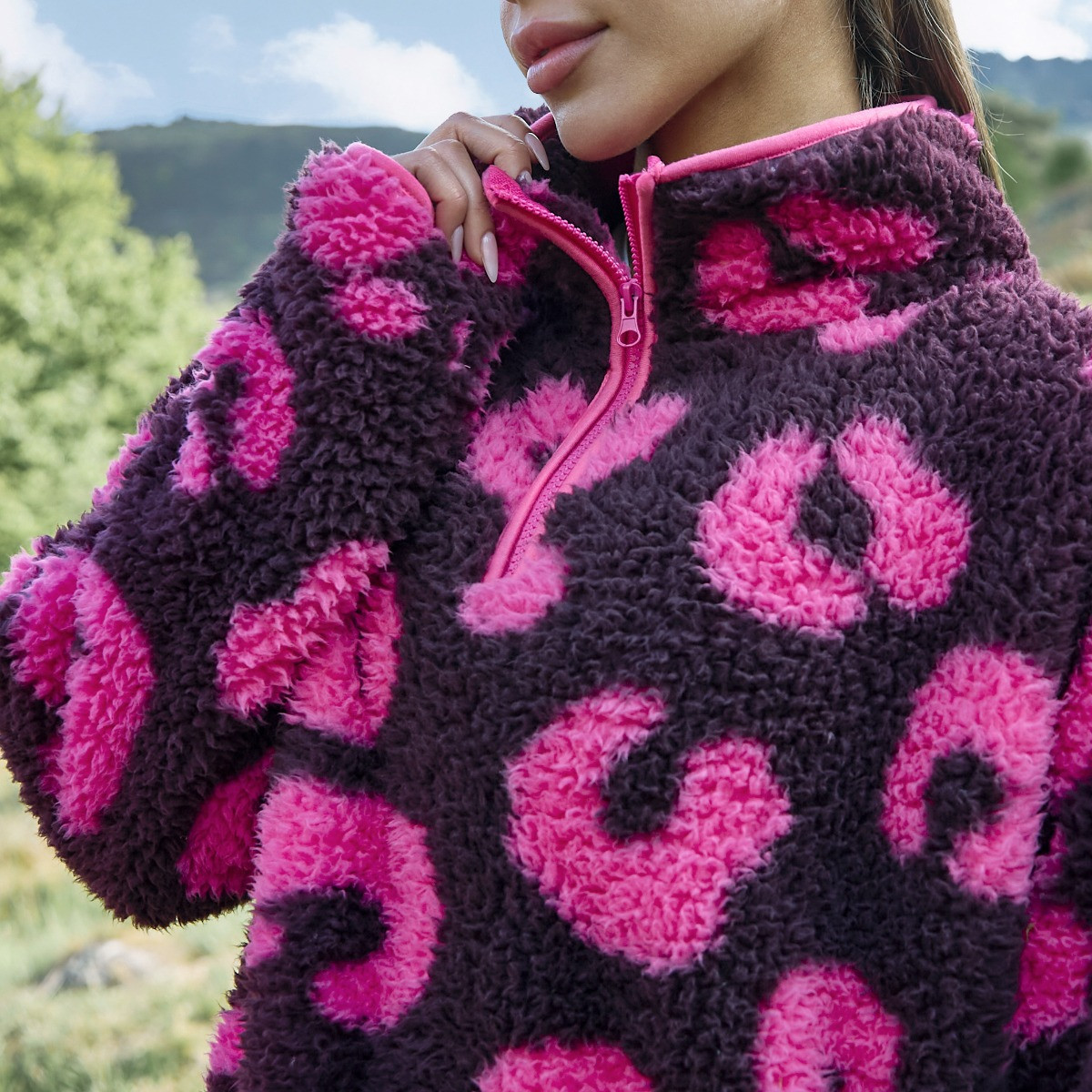 OHS Teddy Abstract Leopard Print Half Zip Fleece - Burgundy/Pink>