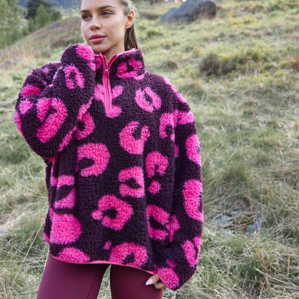 OHS Teddy Abstract Leopard Print Half Zip Fleece - Burgundy/Pink>