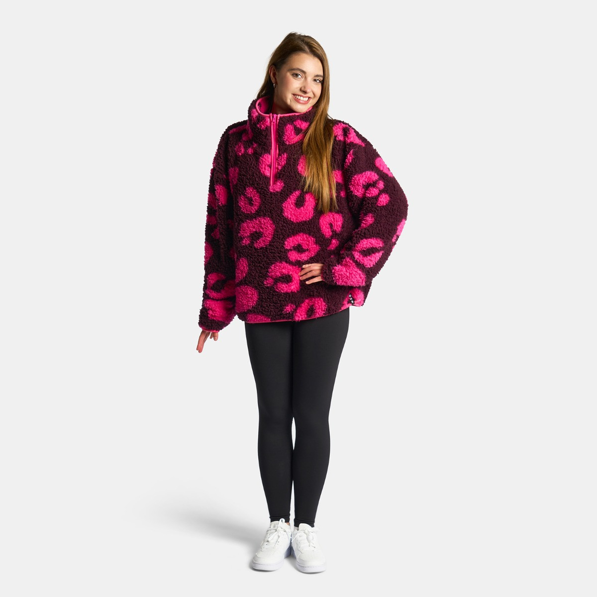 OHS Teddy Abstract Leopard Print Half Zip Fleece - Burgundy/Pink>