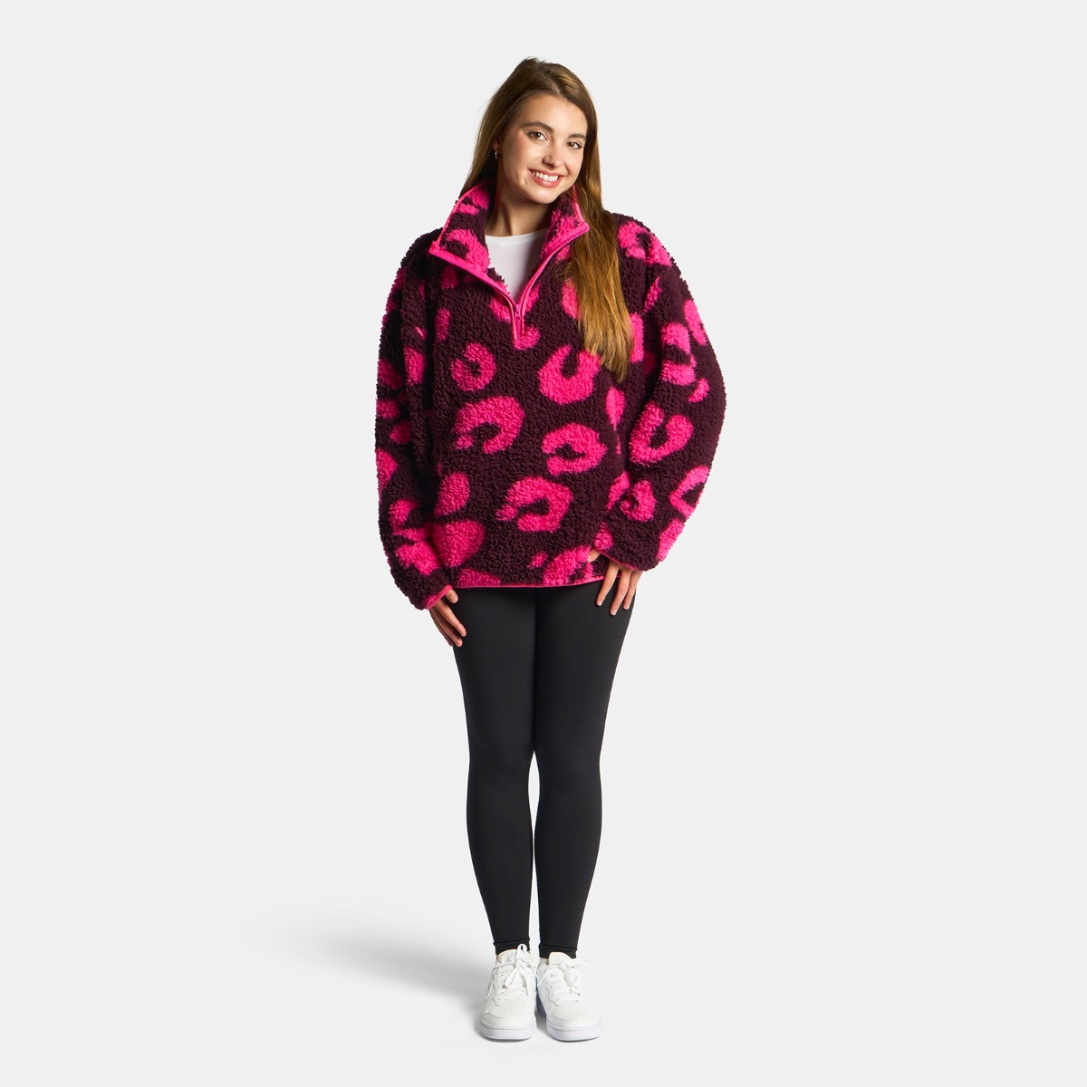 OHS Teddy Abstract Leopard Print Half Zip Fleece - Burgundy/Pink>