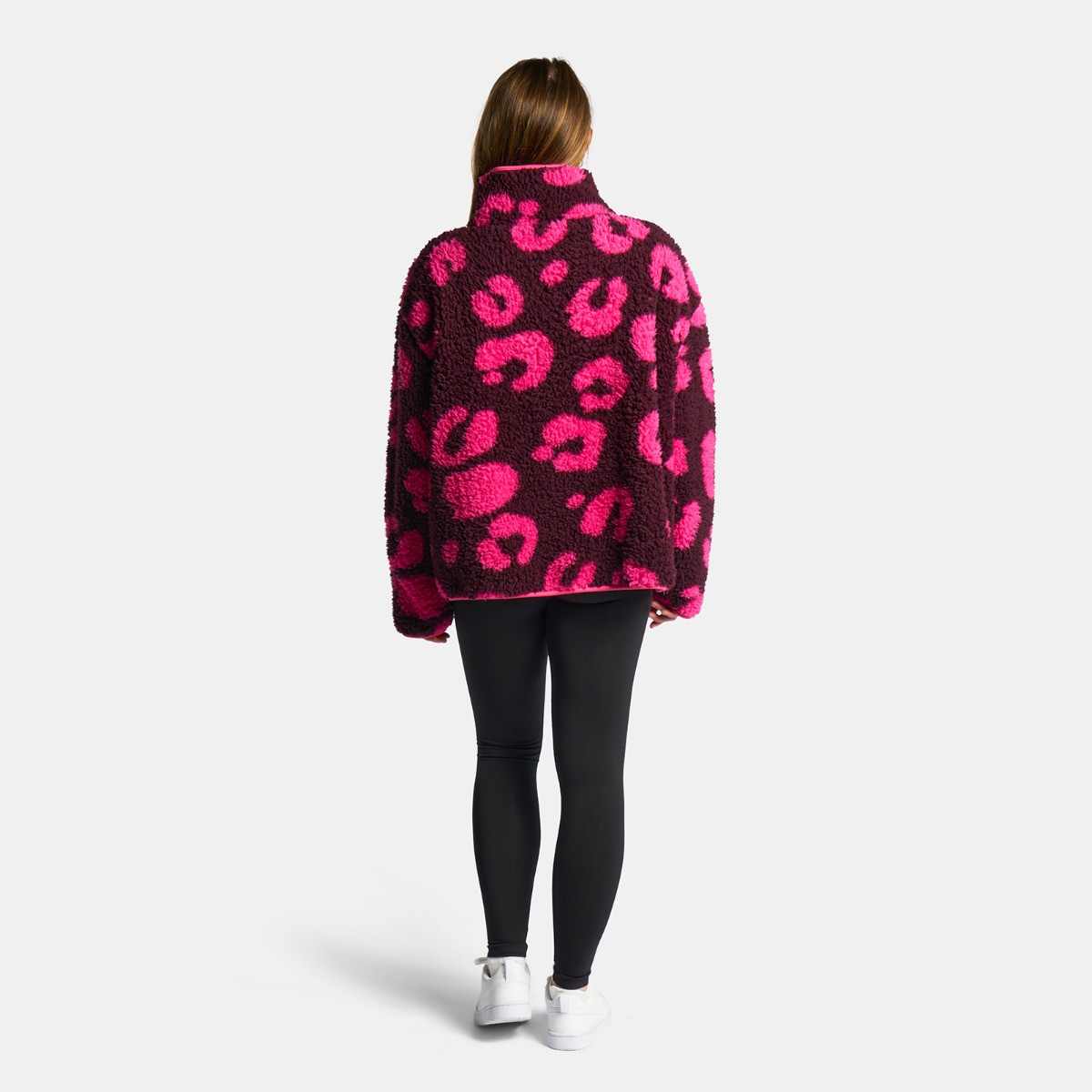 OHS Teddy Abstract Leopard Print Half Zip Fleece - Burgundy/Pink>