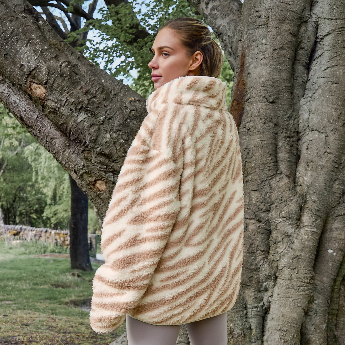 OHS Teddy Zebra Print Half Zip Fleece - Beige>