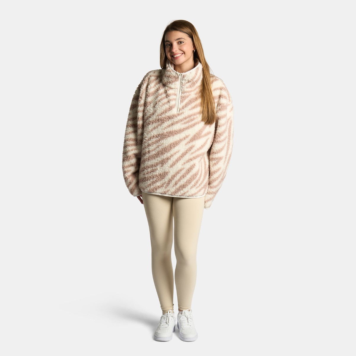OHS Teddy Zebra Print Half Zip Fleece - Beige>