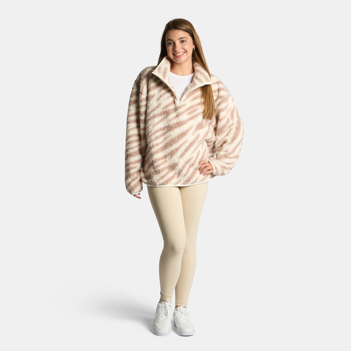 OHS Teddy Zebra Print Half Zip Fleece - Beige>