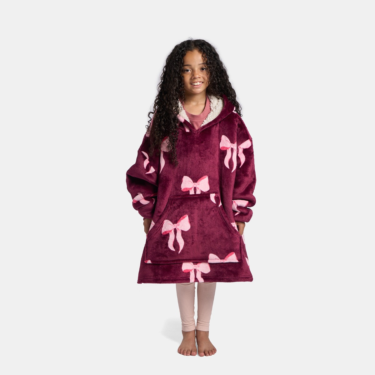 OHS Kids Bow Print Hoodie Blanket - Burgundy/Pink>