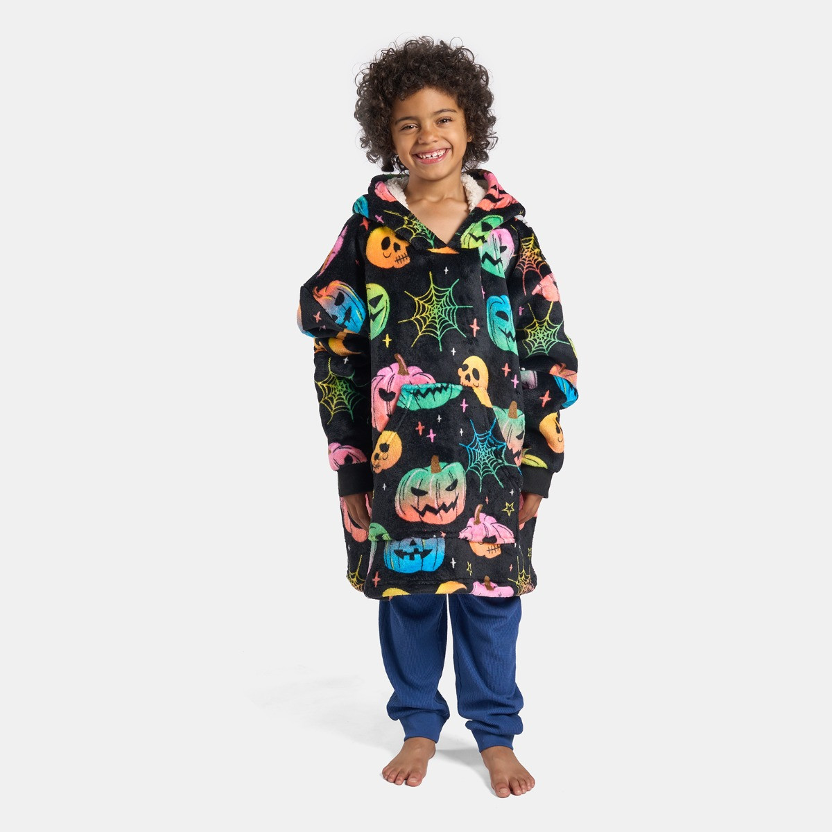 OHS Kids Neon Halloween Print Hoodie Blanket - Black>