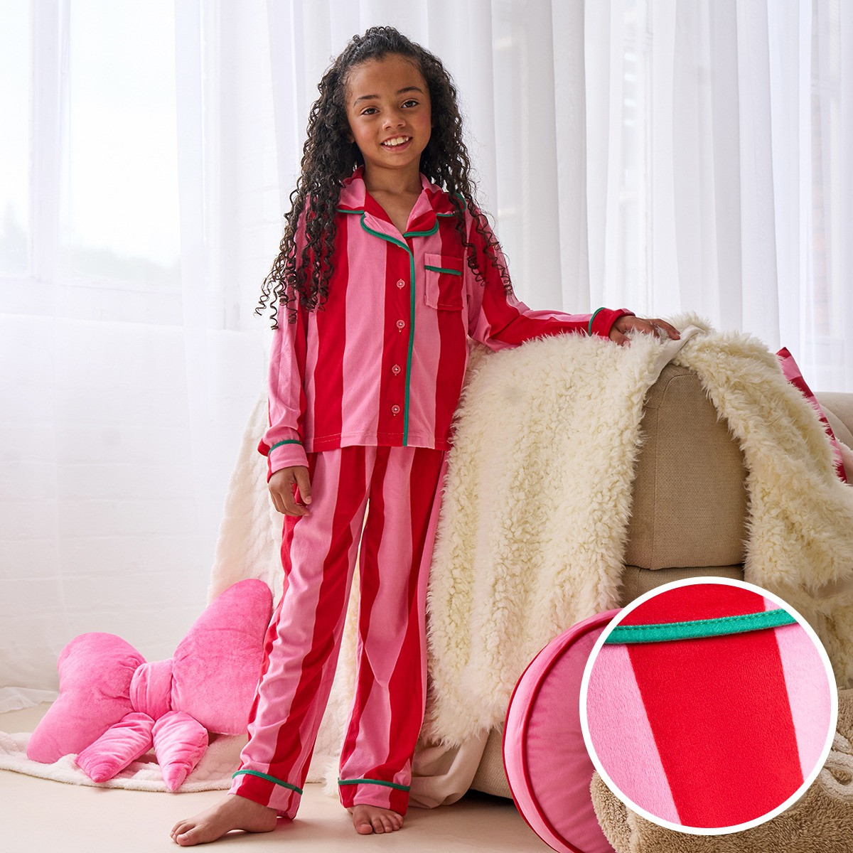 OHS Mini Me Candy Stripe Button Through Pyjama Set, Pink - 7-8>