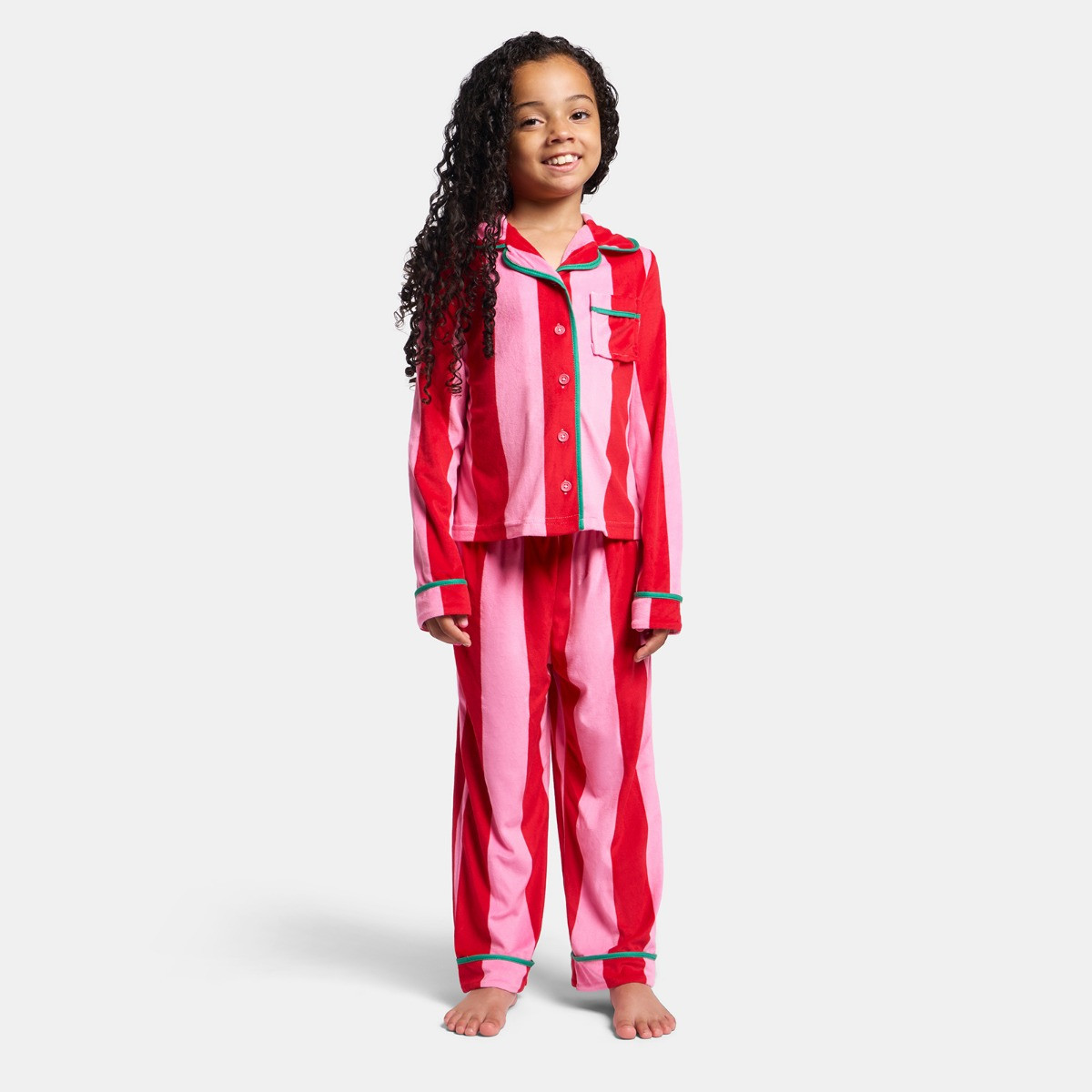 OHS Mini Me Candy Stripe Button Through Pyjama Set, Pink - 5-6>