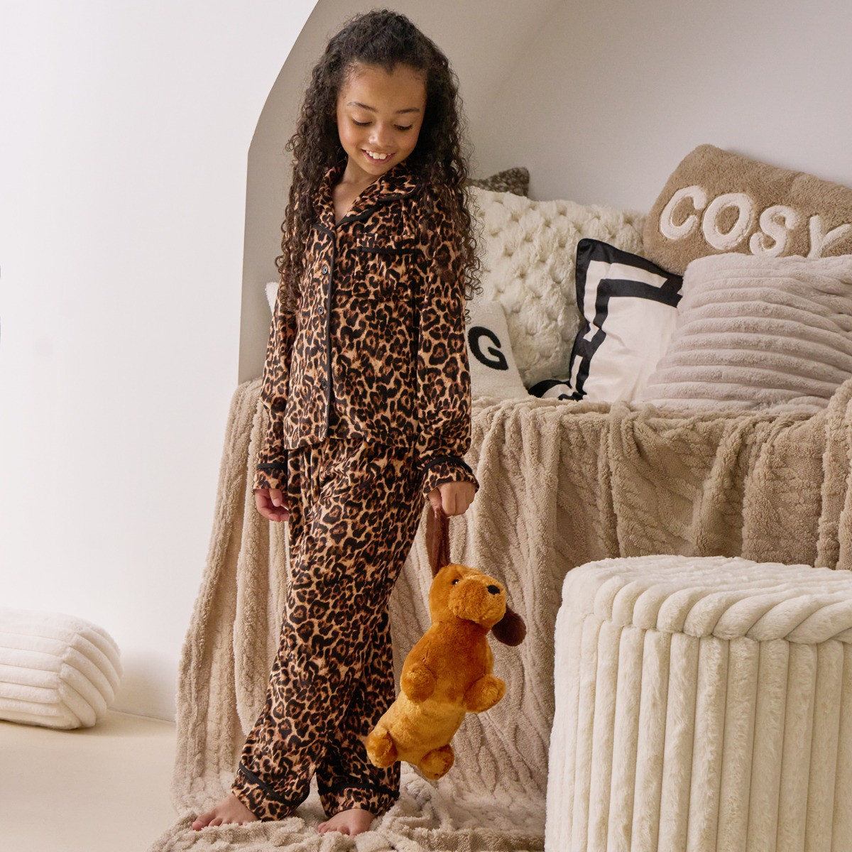 OHS Mini Me Leopard Print Button Through Pyjama Set, Natural - 9-10 Years>