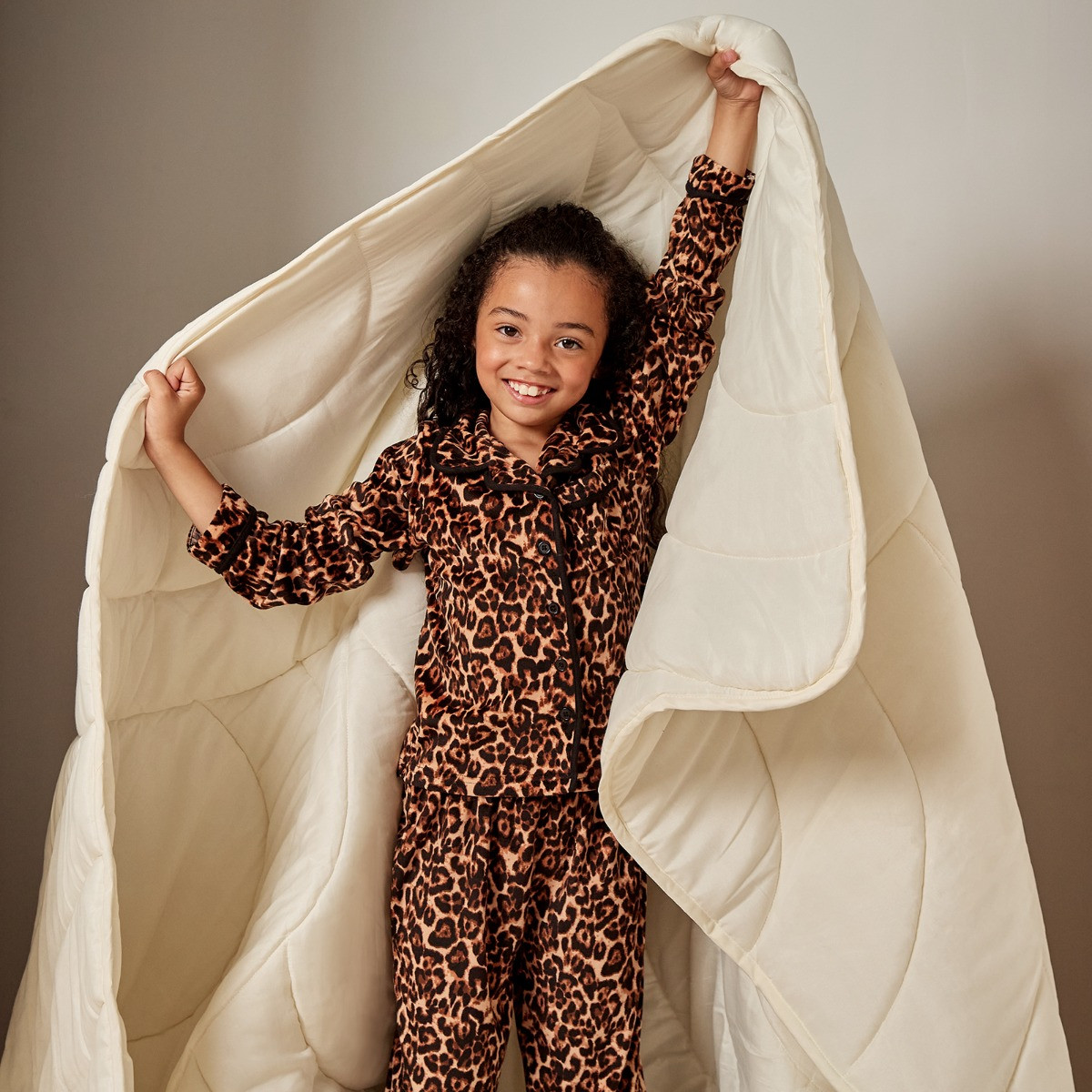 OHS Mini Me Leopard Print Button Through Pyjama Set, Natural - 9-10 Years>