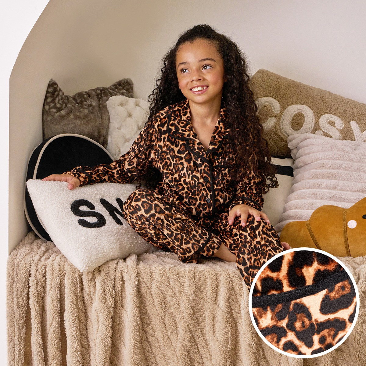 OHS Mini Me Leopard Print Button Through Pyjama Set, Natural - 9-10 Years>