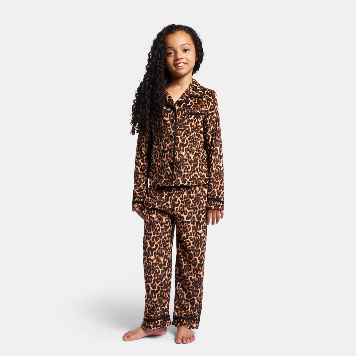 OHS Mini Me Leopard Print Button Through Pyjama Set, Natural - 9-10 Years>
